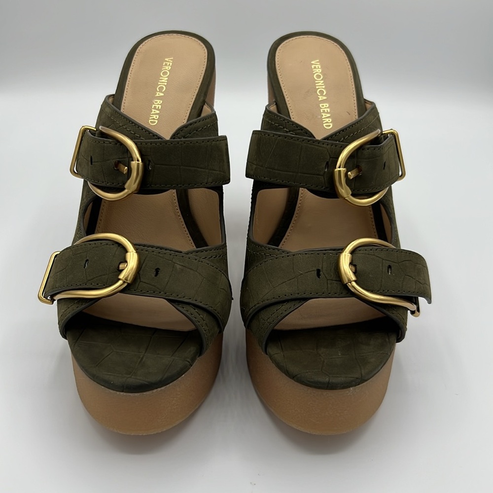 Veronica Beard Olive Green Platform Shoes with Gold Buckles
